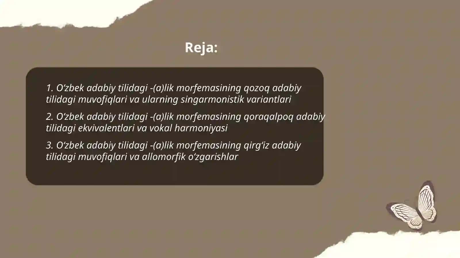 Oʻzbek adabiy tilida -(a)lik morfemasining qozoq, qoraqalpoq, qirgʻiz, uygʻur adabiy tillarida muvofiqlari va singarmonistik variantlari 2