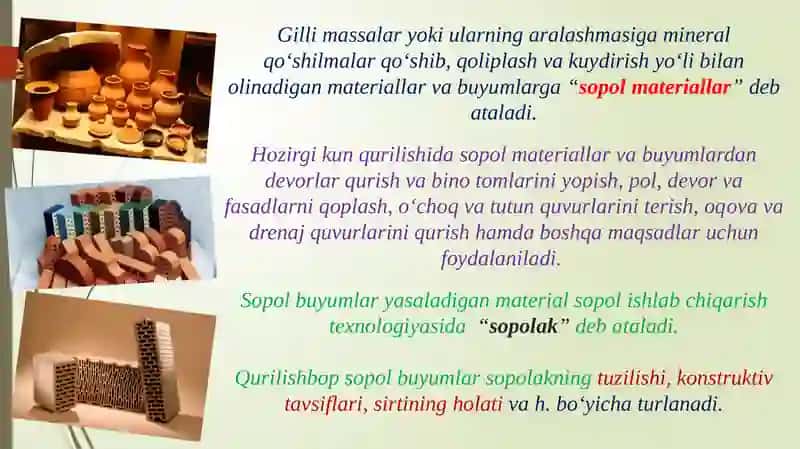 QURILISH MATERIALLARI VA BUYUMLARIMA’RUZADEVORBOP KERAMIK BUYUMLAER ISHLAB CHIQARISH TEXNOLOGIYASI, KERAMIK G’ISHT 2