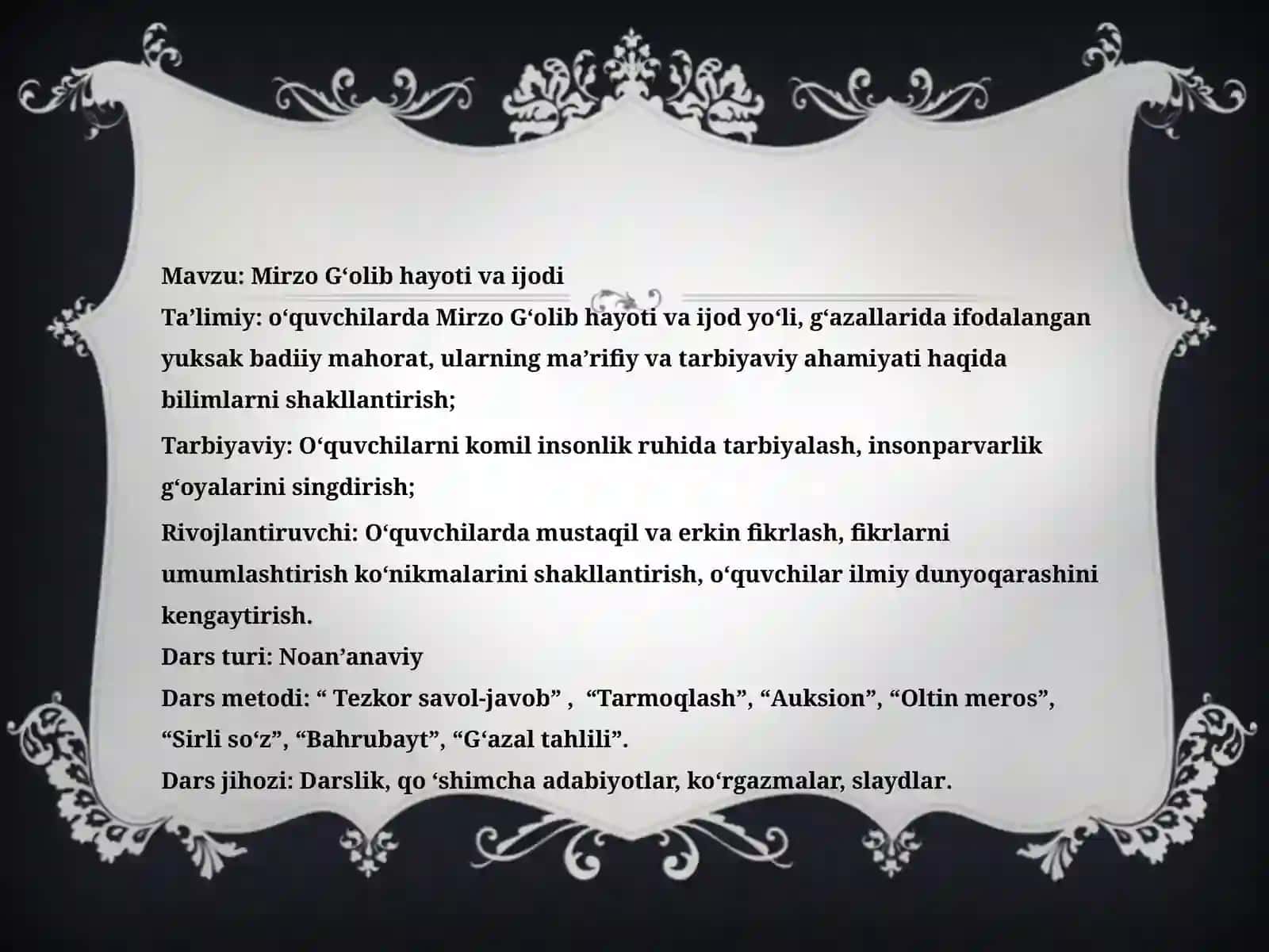 9-sinf Adabiyot fanidan Mirzo G'olib hayoti va ijodi dars ishlanma O'qituvchilarga / 6-11 Sinf Dars ishlanmalar 2