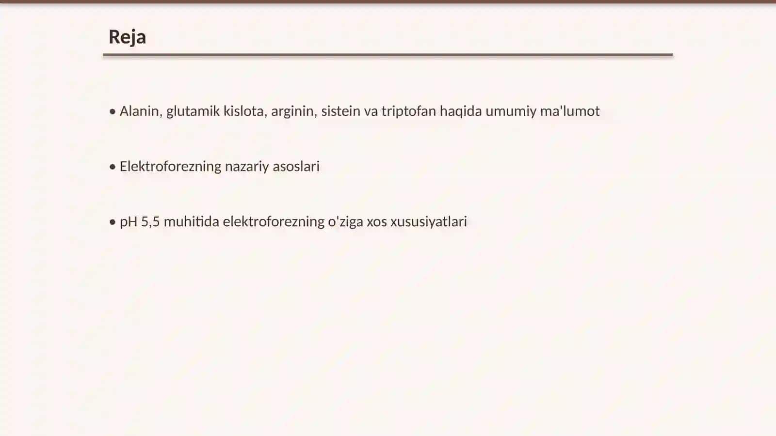 Alanin, glutamik kislota, arginin, sistein va triptofan aralashmasi pH 5,5 da elektroforez bilan ajratish 2