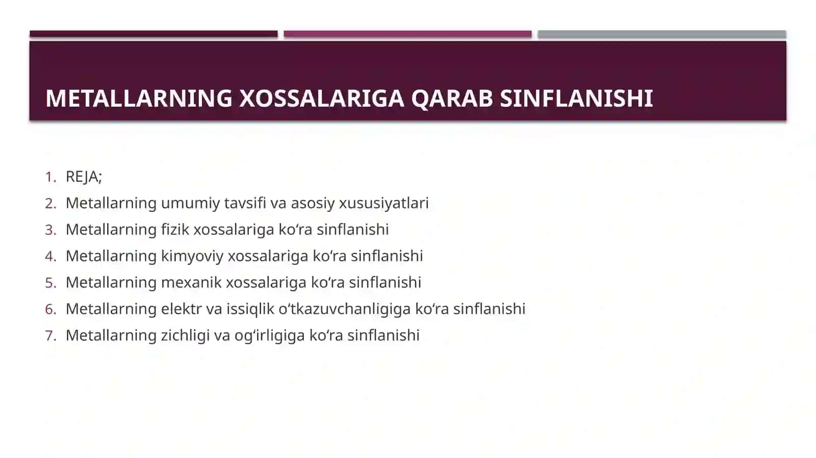“Metallarning xossalariga qarab sinflanishi – Metallurgiya muhandisligiga kirish fanidan mustaqil ish (PPTX)” 2