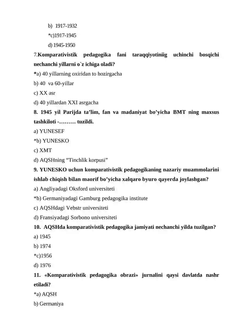 Komparativistik pеdаgogikа fanidan Pedagogika va psixologiya yo‘nalishi talabalari uchun test 2