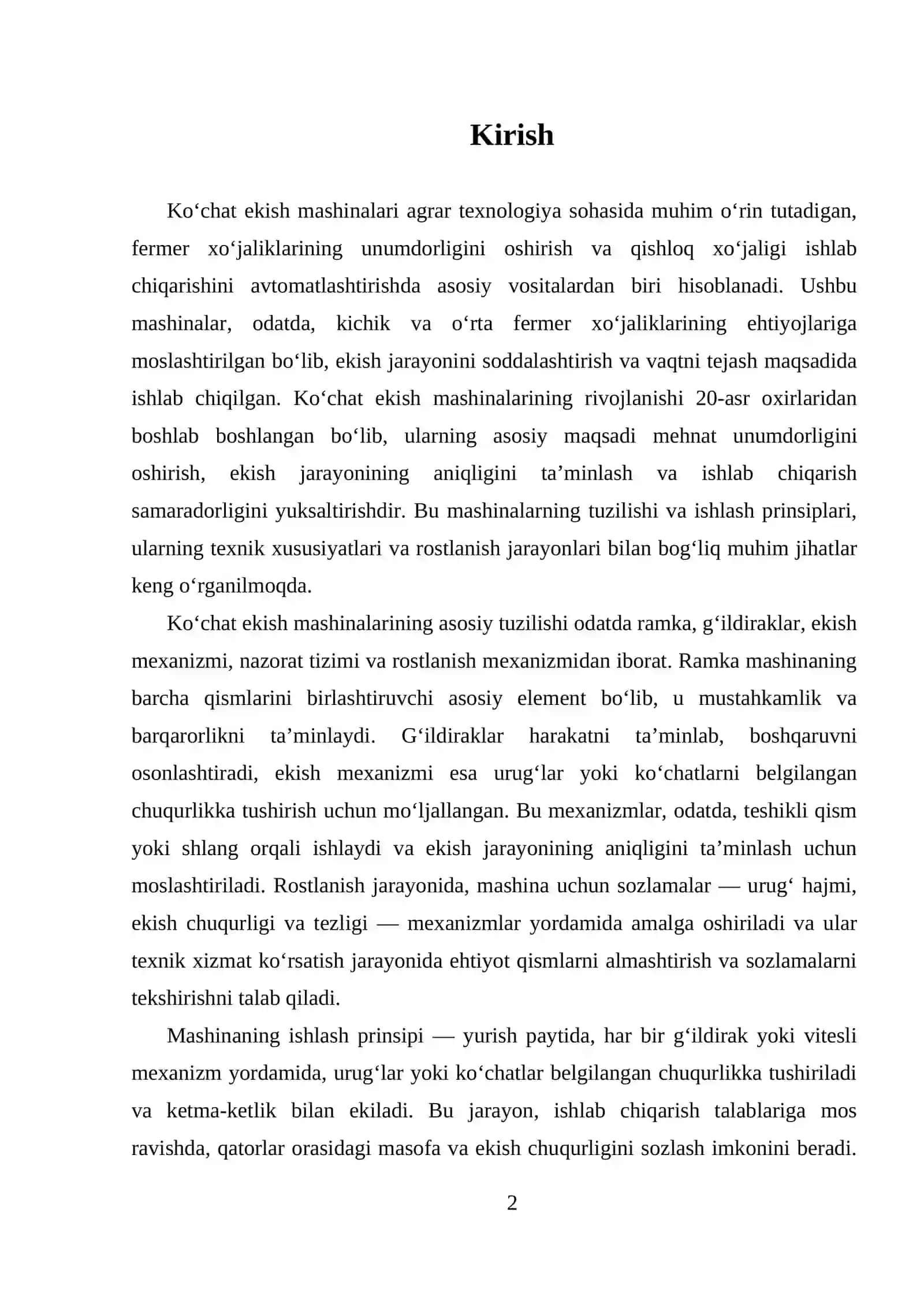 KOʻCHAT EKISH MASHINASI TUZILISHI, ISHLASHI VA ROSTLANISHLARI 2