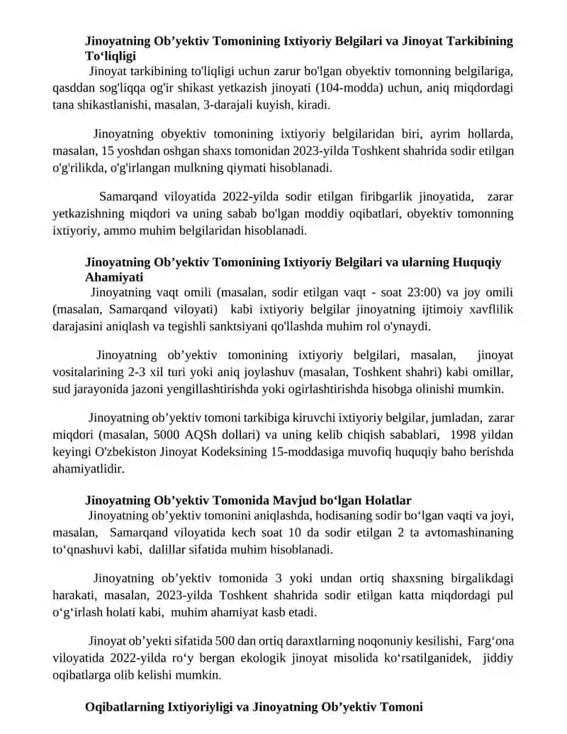 Jinoyatning Ob’yektiv Tomonining Ixtiyoriy Belgilari va Jazo Tayinlash 2