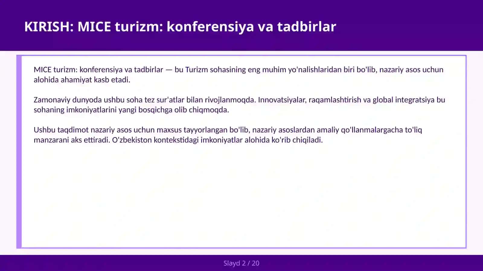 MICE TURIZM: KONFERENSIYA VA TADBIRLAR 2