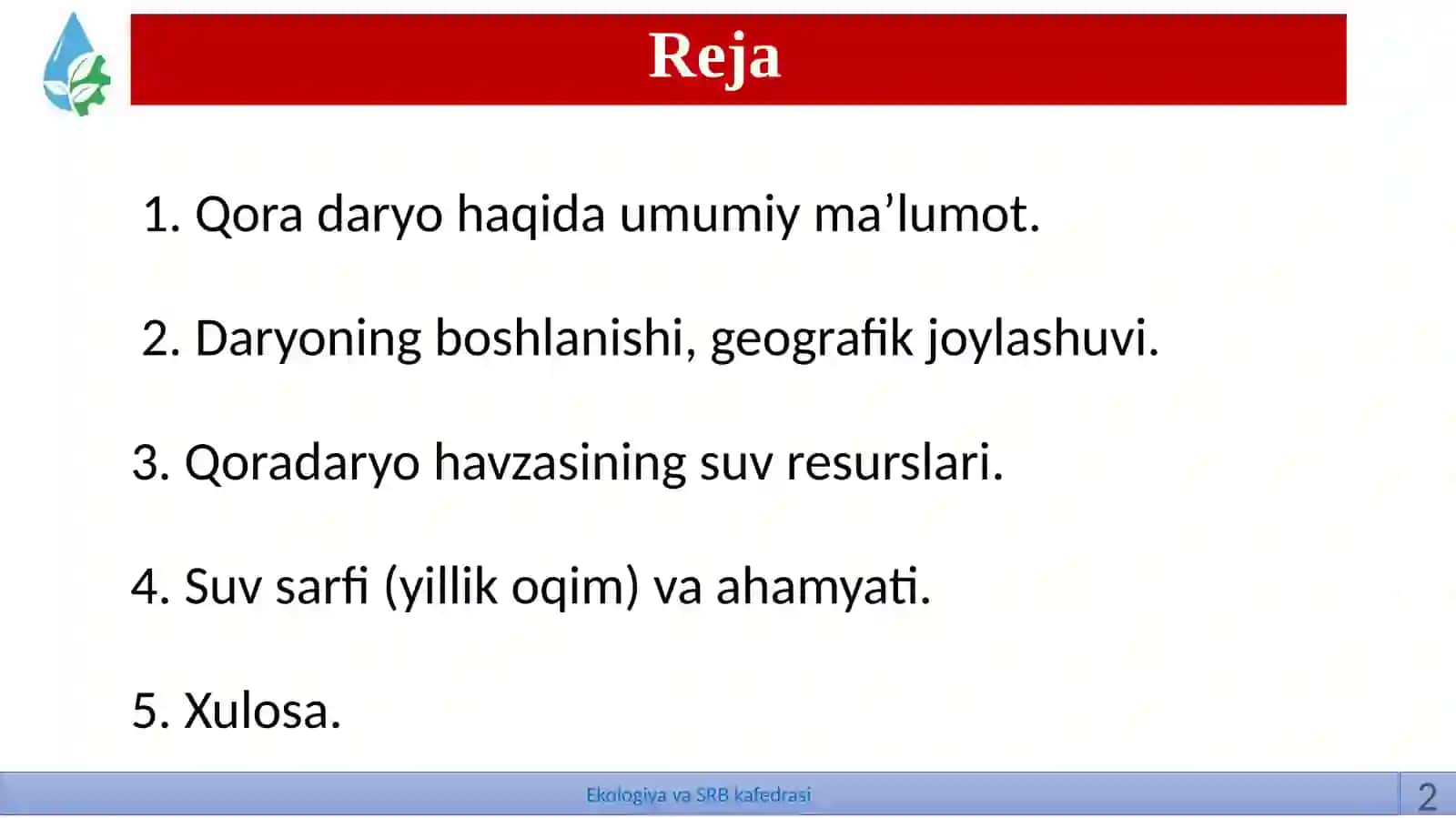 Ekalogiya ve suv resuslarin boshqarish 2
