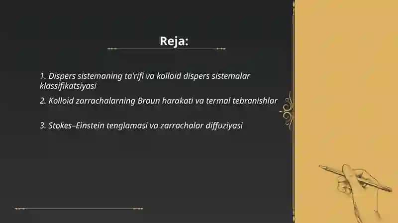 Dispers sistemalar.Kolloid dispers sistemalarning molekulyar kinetik xossalari 2