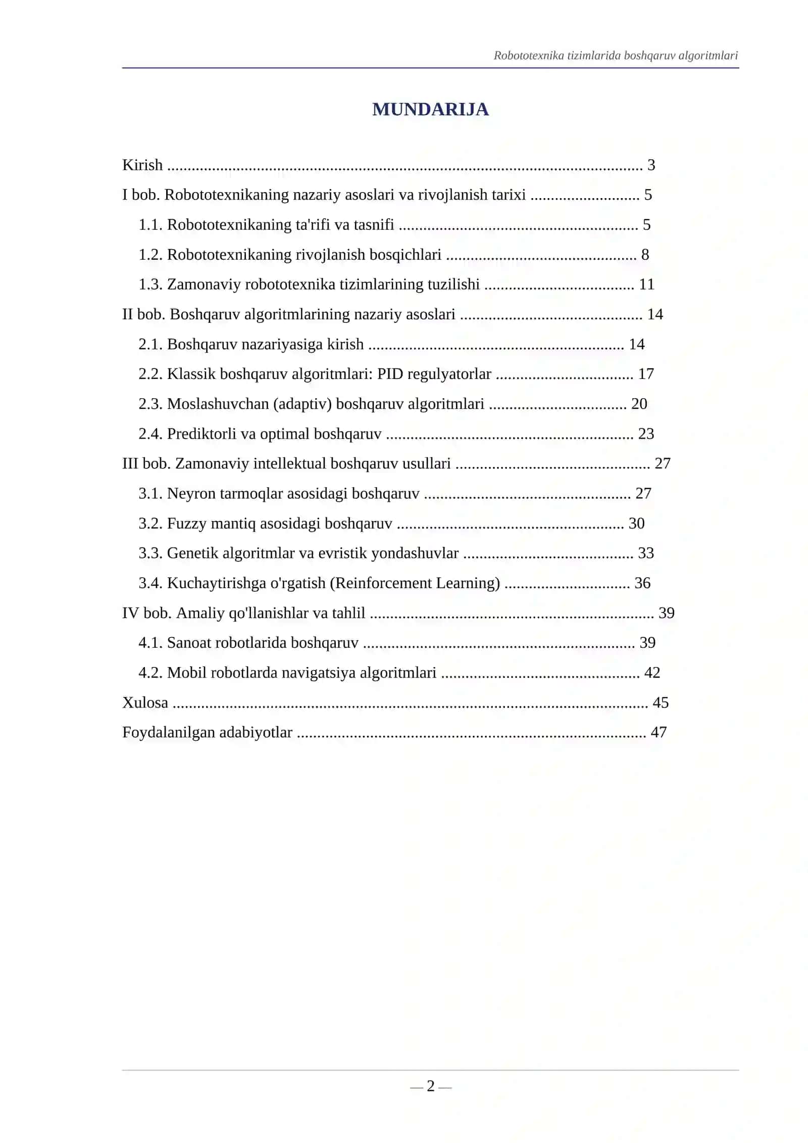ROBOTOTEXNIKA TIZIMLARIDA BOSHQARUV ALGORITMLARI 2
