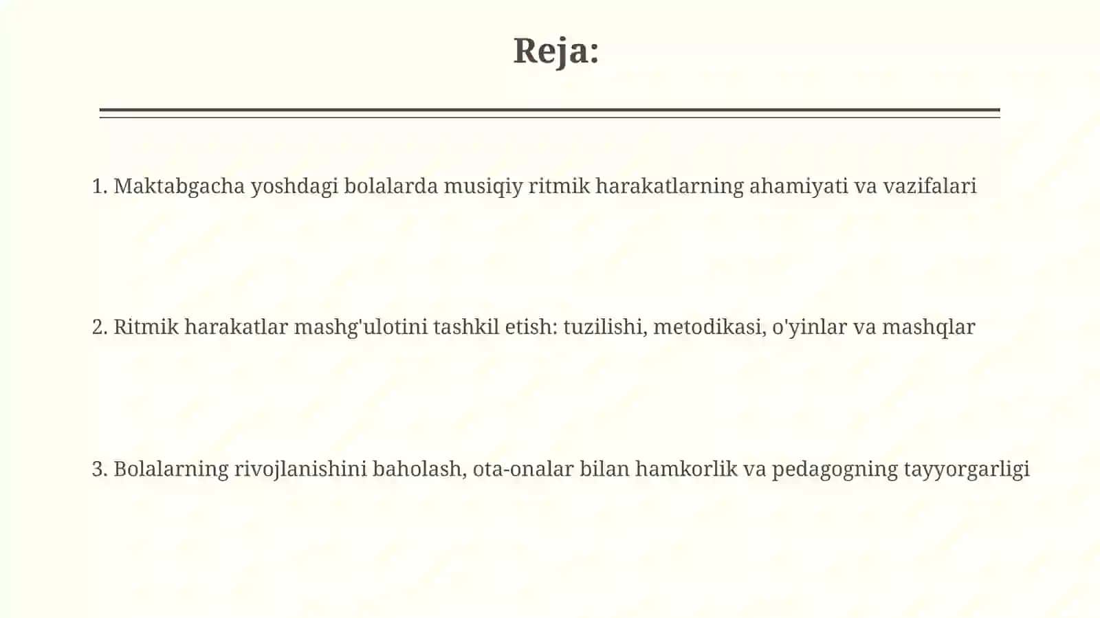 MTTda Bolalarni musiqaviy ritmik harakatlarga oʻrgatish(tayyorlovguruhlarda) 2