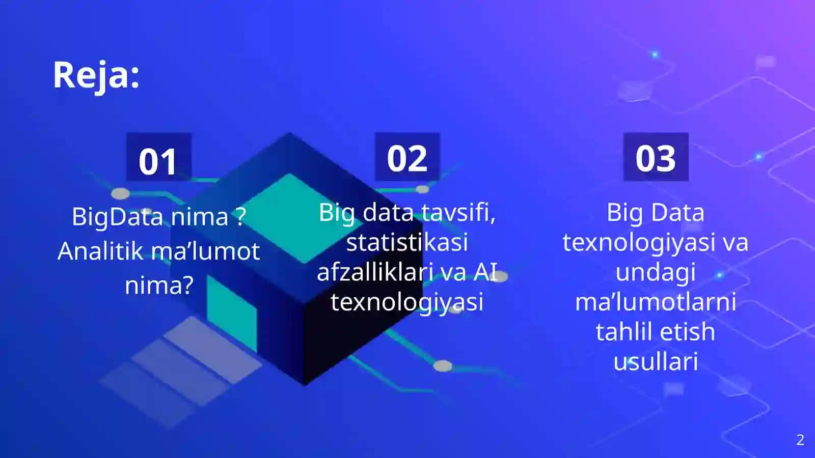 Katta maʼlumotlar (BigData) va analitika maʼlumotlar bazasini tashkil qilish mexanizmi 2