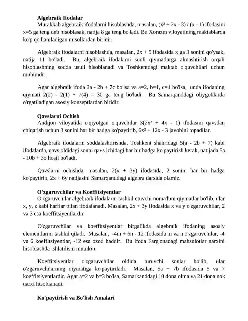 Algebraik ifodalarning qiymati topish 2