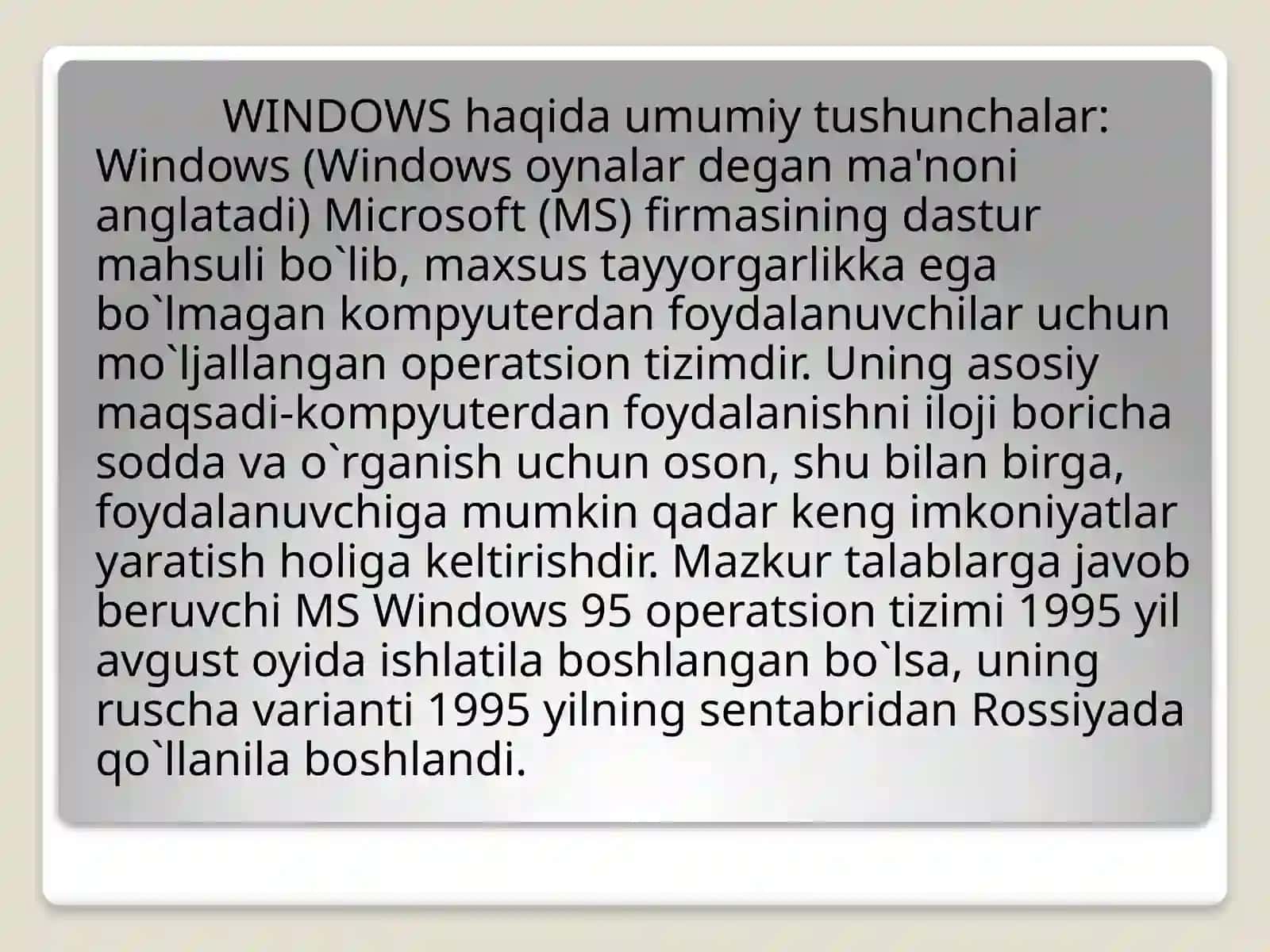 Windows operatsion tizimi tarixi va unda ishlash asoslari 2