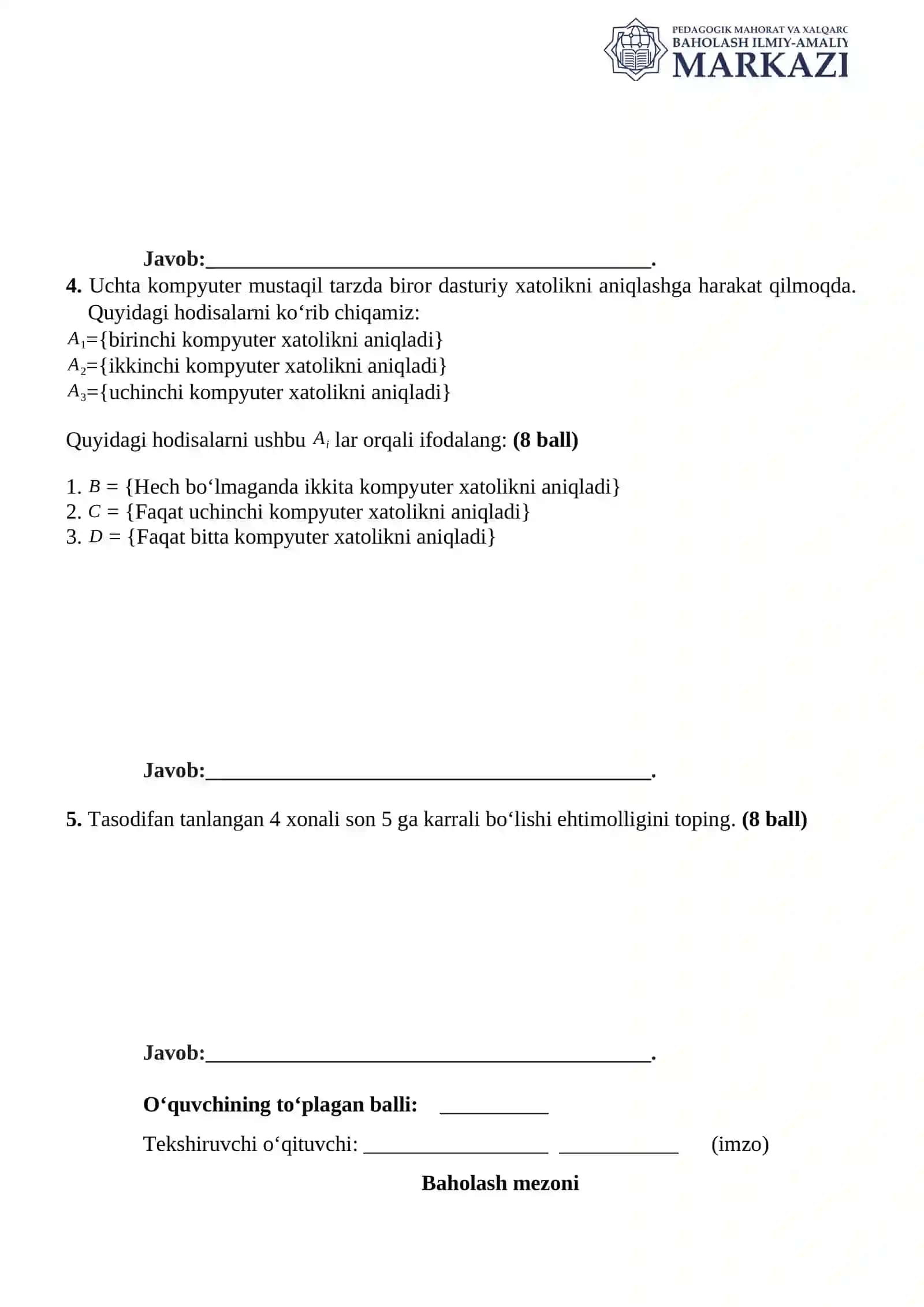 8-sinf Algebradan 7-BSB savollari 2