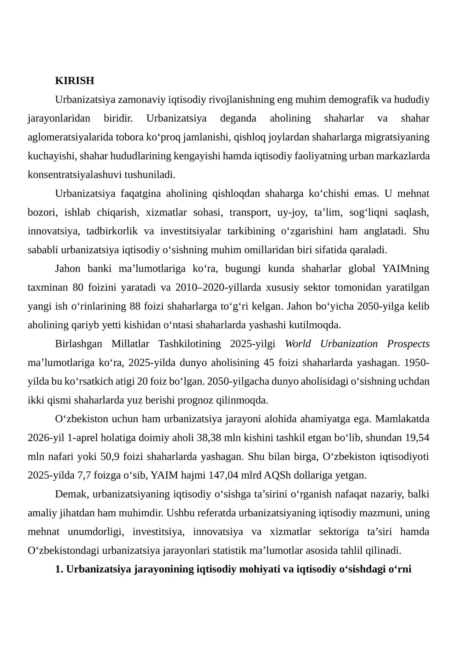 Urbanizatsiya Jarayonlarining Iqtisodiy O‘sishga Ta’siri Bo‘yicha Ma’lumotlar Yig‘ish va Tahlil Qilish 2