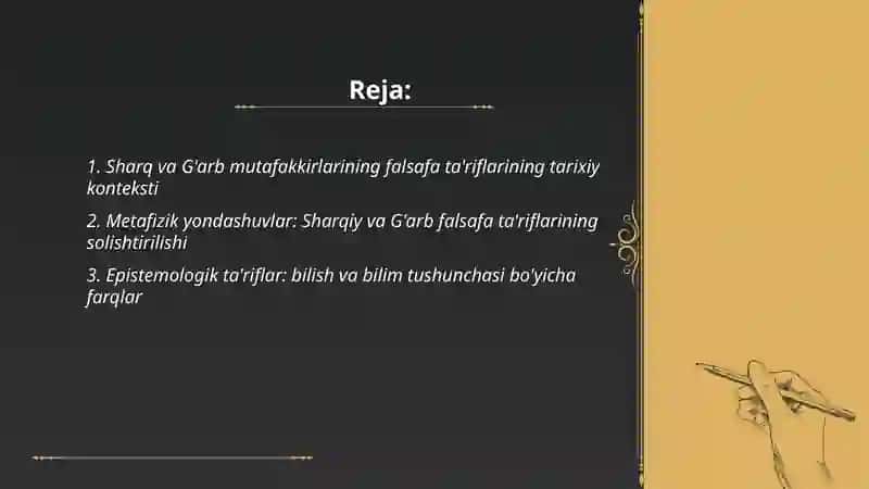 Falsafaning mohiyatiga oid Sharq va G'arb mutafakkirlari ta'riflarini tasniflash 2