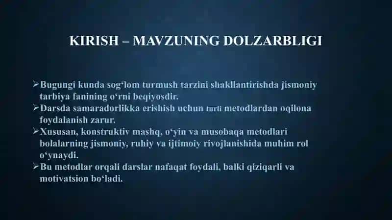 Jismoniy tarbiyaning konstruktiv mashq,musobaqa va o`yin metodlari mavzusi uchun slayd 2