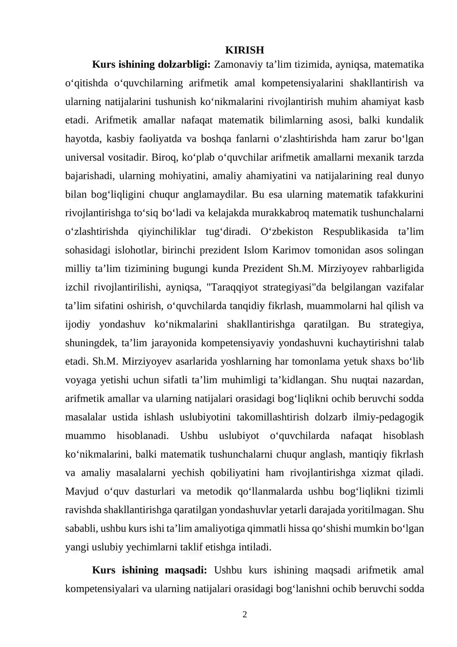 Arfimetik amallar kompetensiyalari va natijalari orasidagi bogʻlanishni ochib beruvchi sodda masalalar ustida ishlash uslubiyoti 2