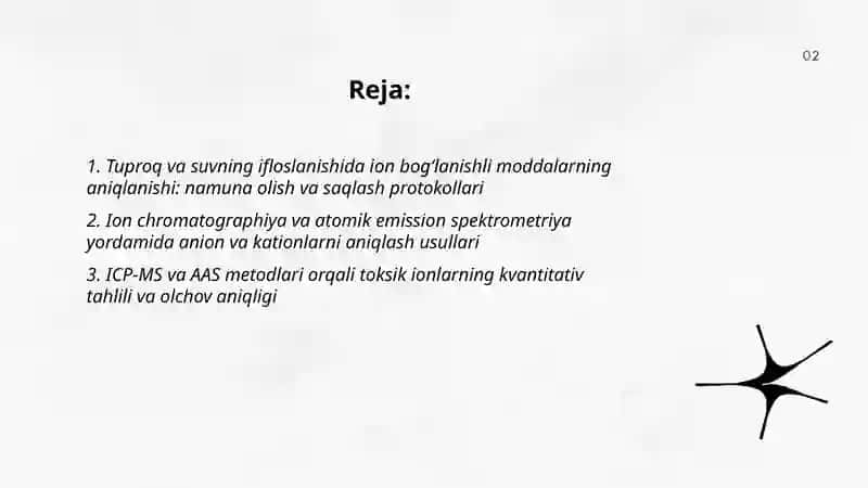 Tuproq va suvning ifloslanishida ion bogʻlanishli birikmalarni aniqlab, ulardan tozalash usulini ishlab chiqish 2