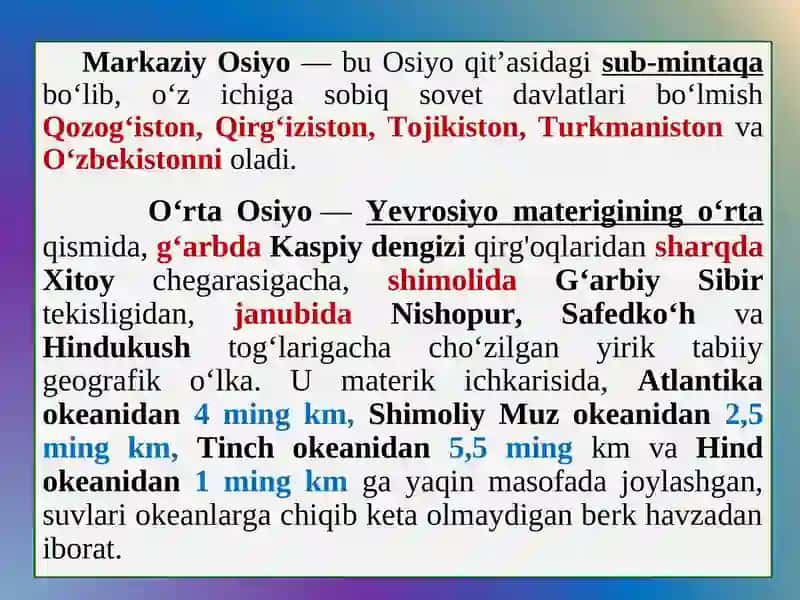 O‘zbekistonning tarixiy geografik o‘rni va tabiiy iqlim sharoitlari 2