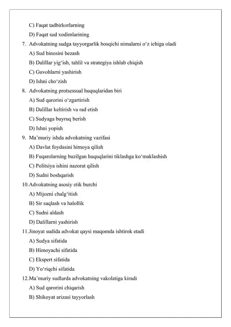 Advokatning umumyurisdiksiya va ma’muriy sudlardagi ishtiroki 2