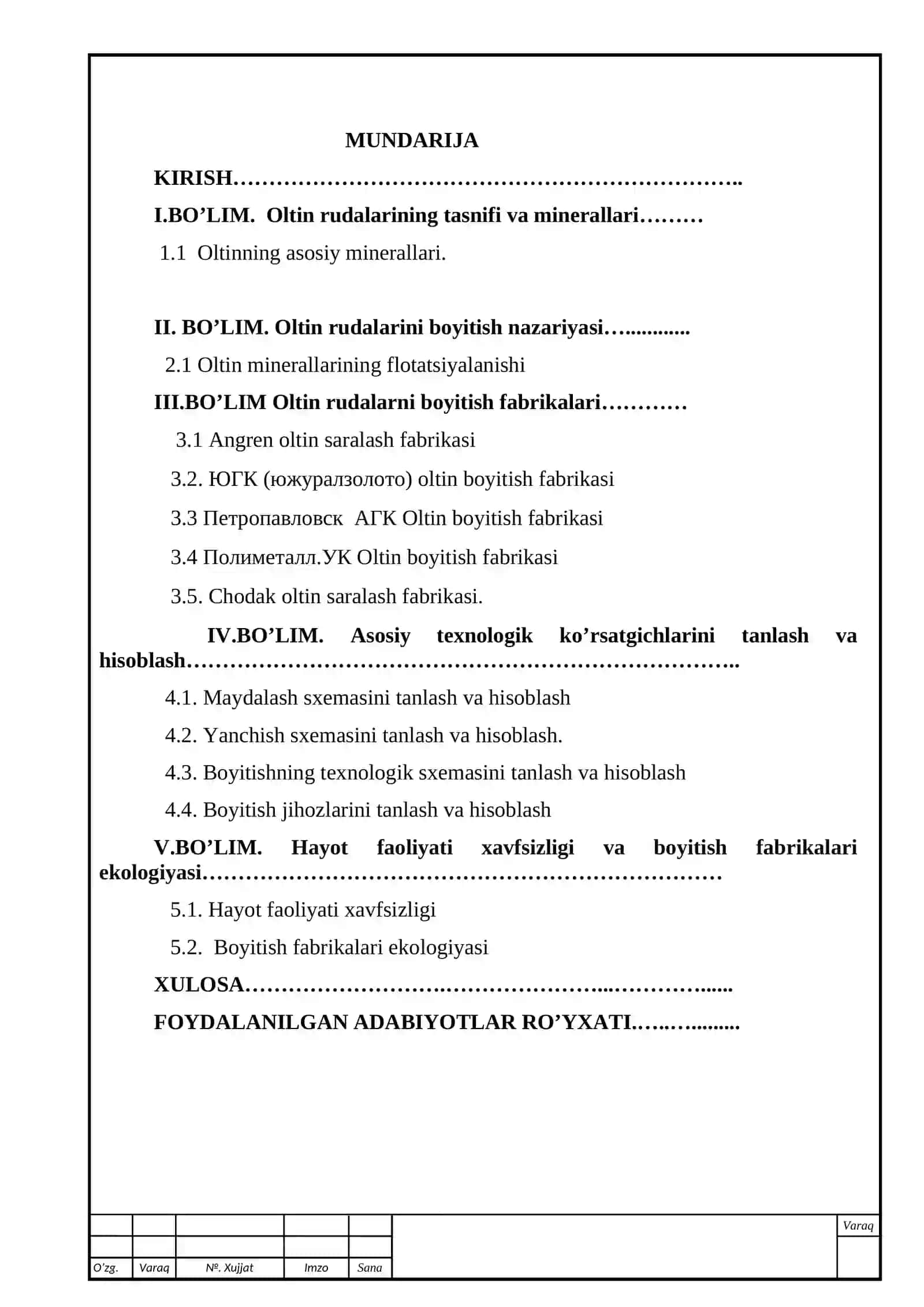Oltin rudasini boyitishning texnologik sxemasini tanlash va hisoblash 2
