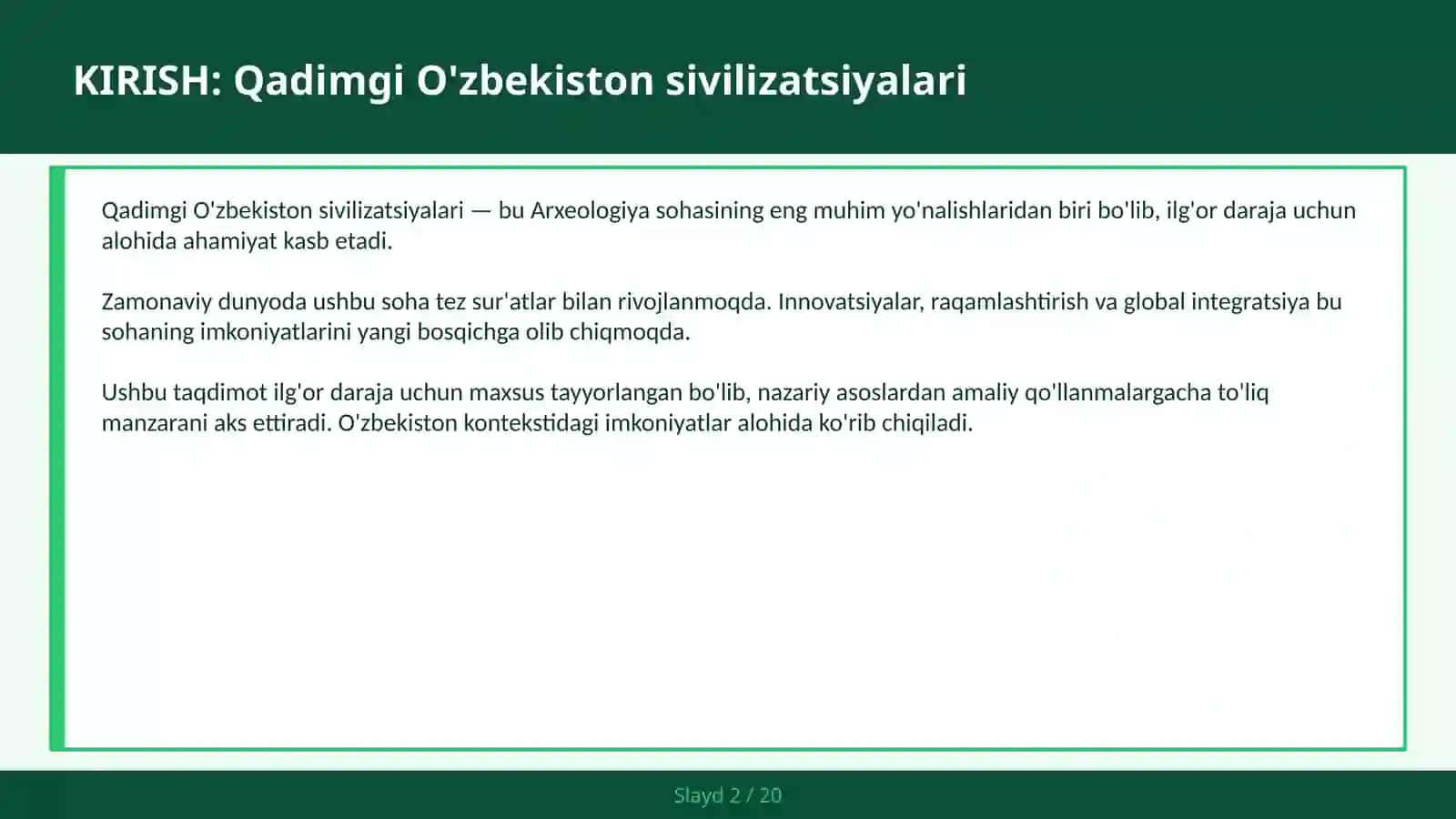 QADIMGI O'ZBEKISTON SIVILIZATSIYALARI 2