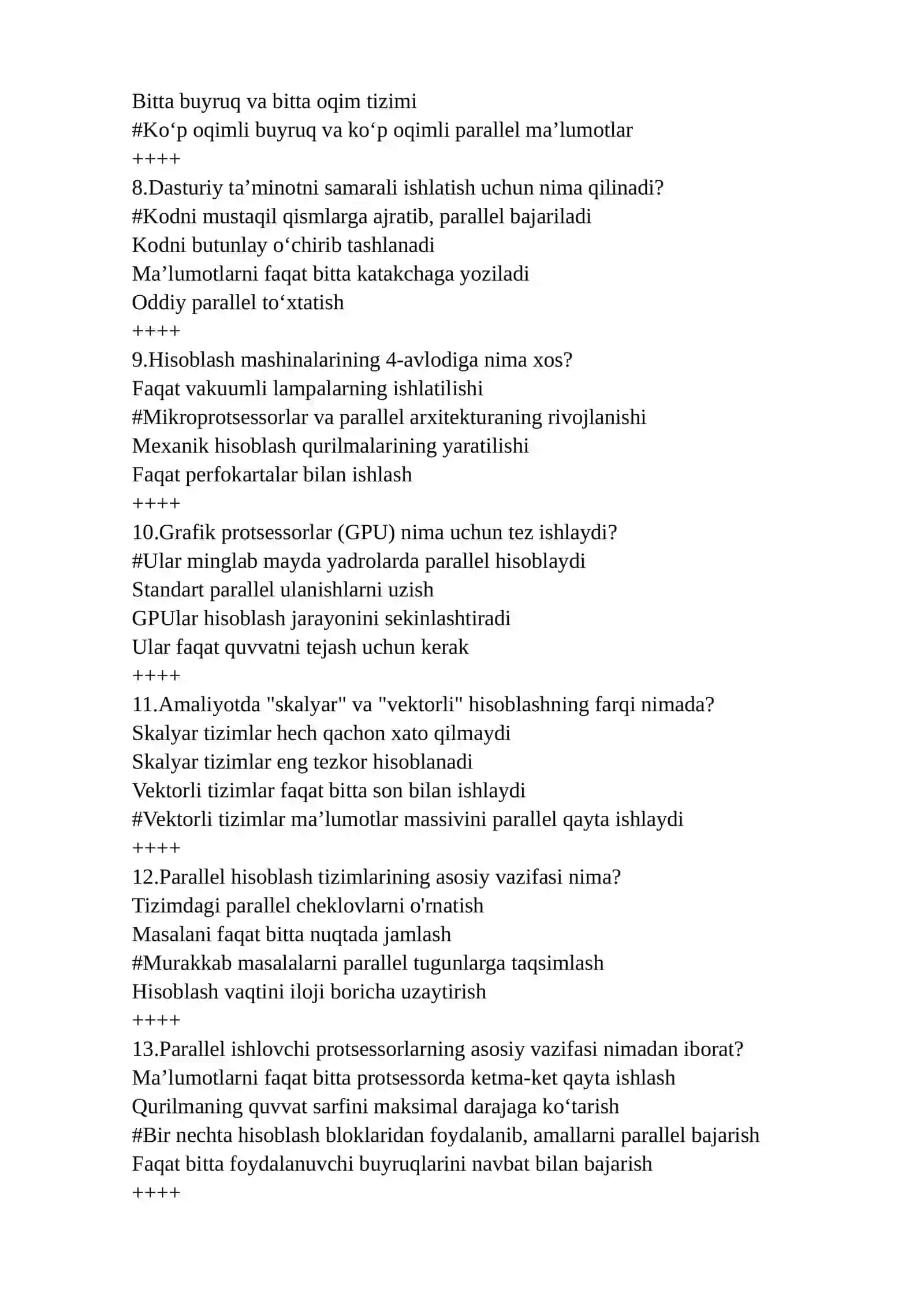 Parallel kompyuter arxitekturasi fanidan testlar to'plami javoblari bilan 2