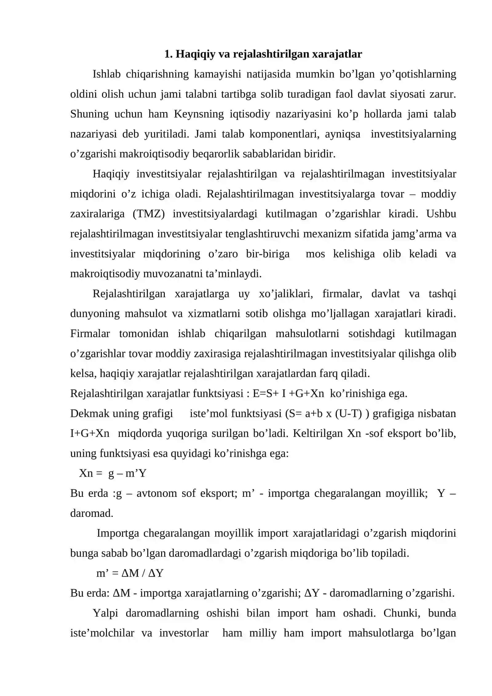 Keynsning tovarlar va xizmatlar bozorida makroiqtisodiy muvozanat modeli 2