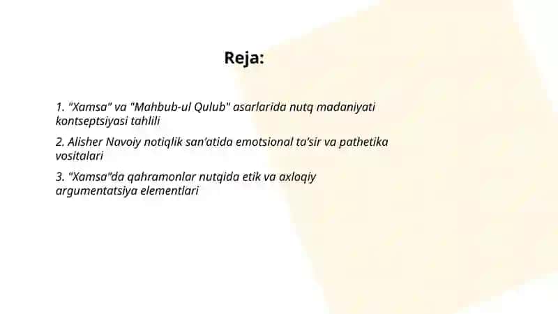 Alisher Navoiy ijodida nutq madaniyati va notiqlik sanʼati masalalari tahlili: "Xamsa" va "Mahbub-ul Qulub" asarlari misolida 2