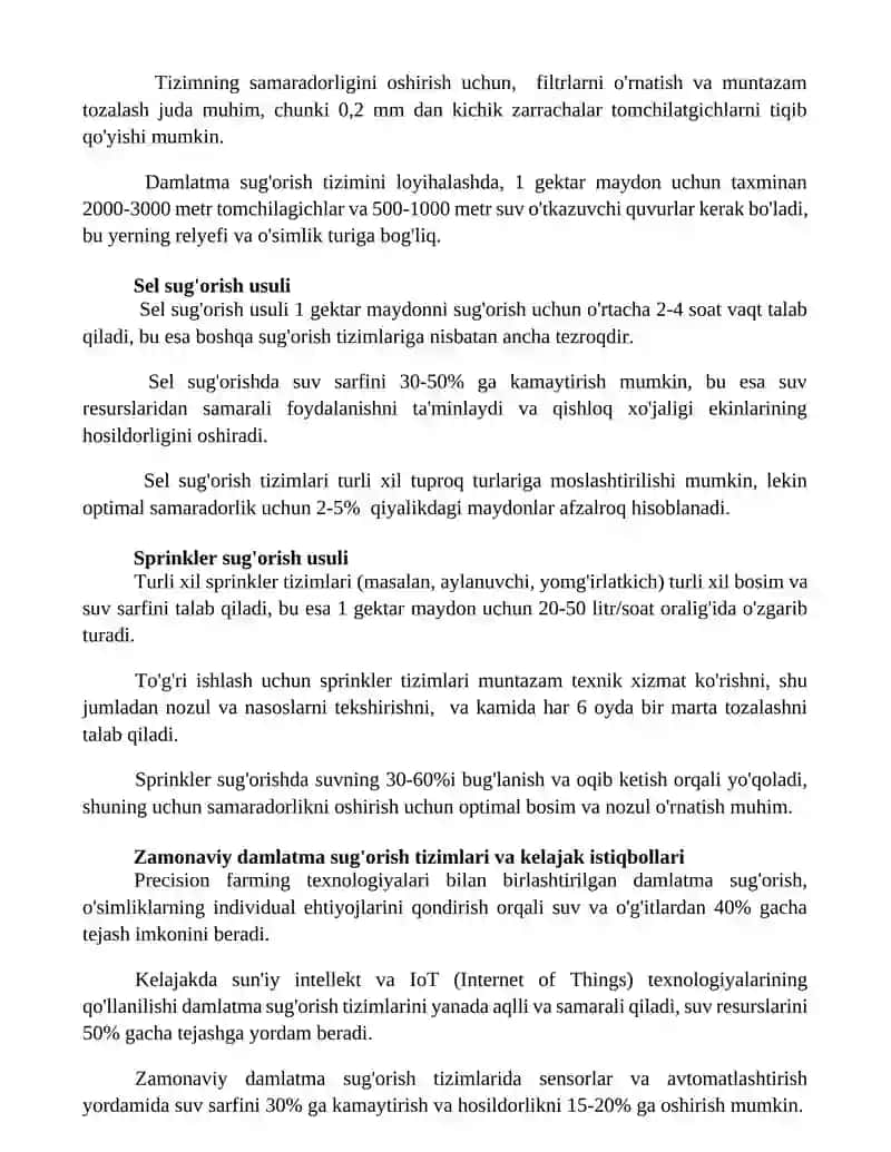 Sug'orish usullari va ularga qo'qilgan talablar hamda tomchilab sug'orish texnologiyasi 2
