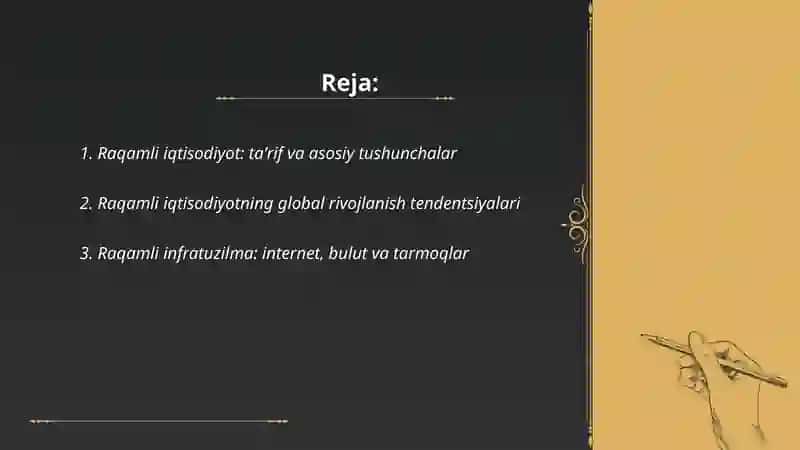 Raqamli iqtisodiyot mavzusida pover pointda 10 ta slayd tayyorlash kerak 2