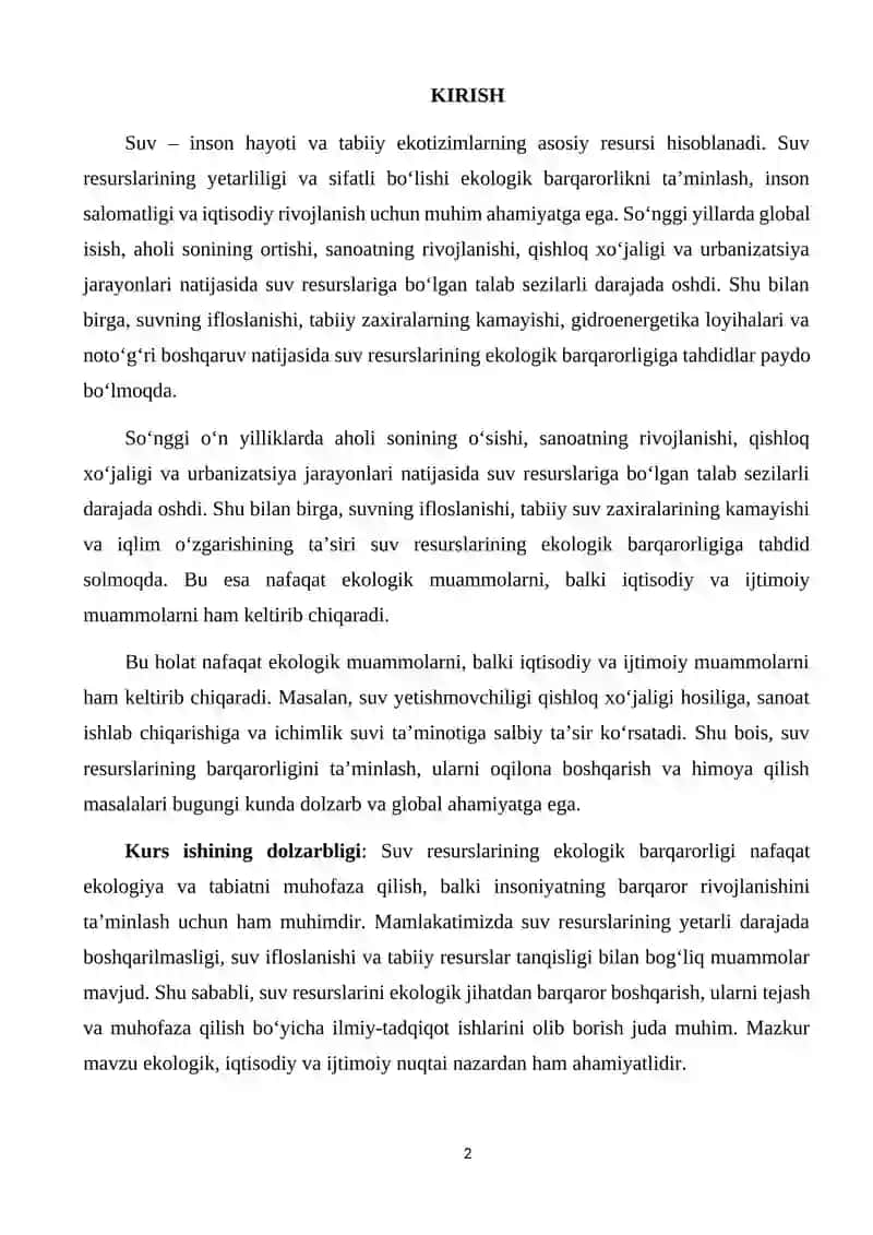 Suv resurslarining ekologik barqarorligi. Muammolari va yechimlari 2