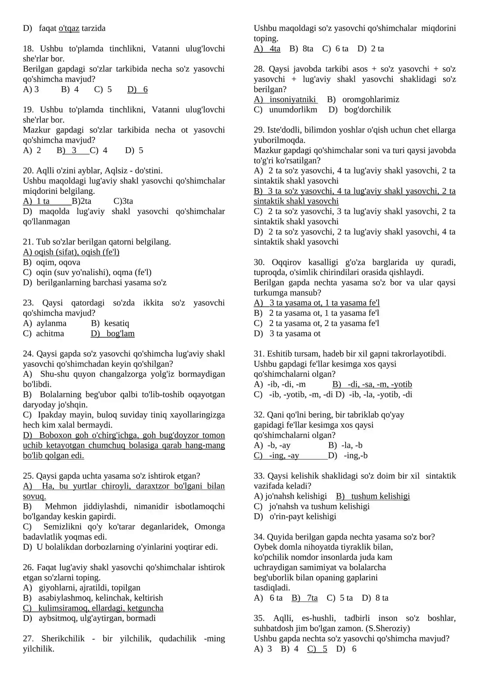 So’z tarkibi (asos va qo’shimchalar) testlar 2