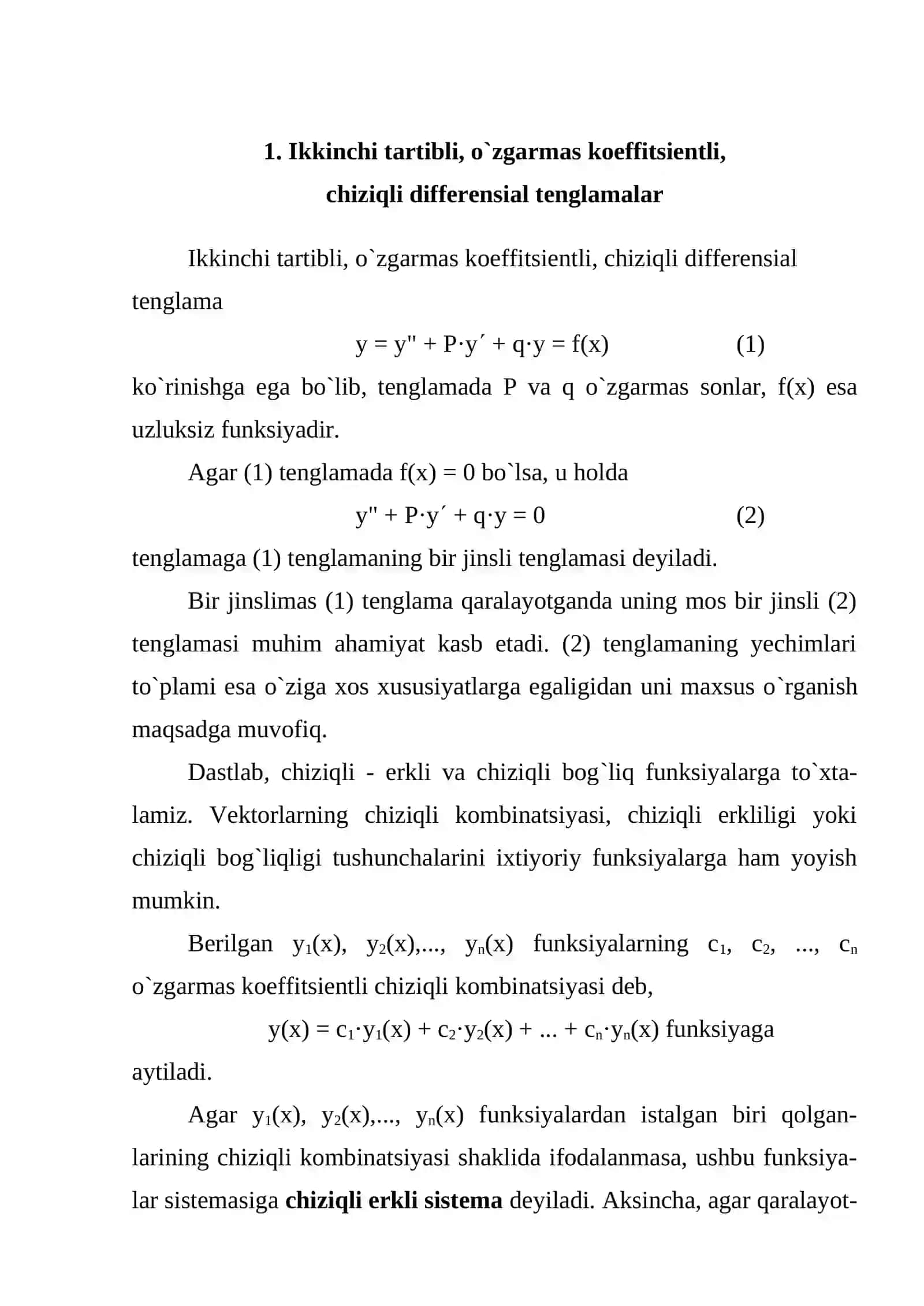 Ikkinchi tartibli, o`zgarmas koeffitsientli, chiziqli differensial tenglamalar 2