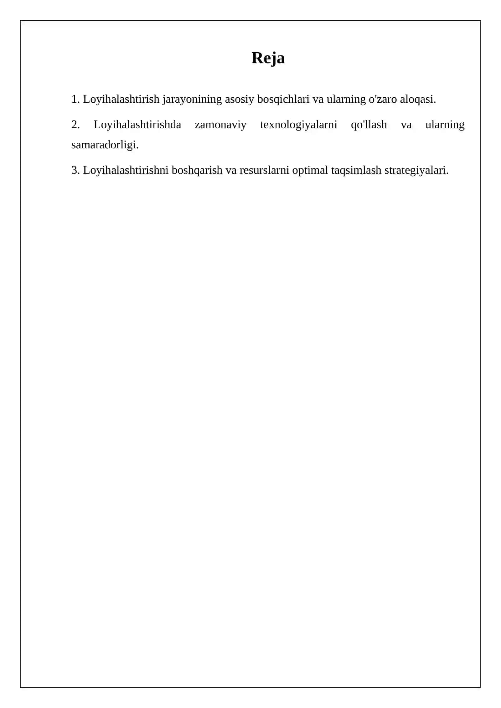 Loyihalashtirishni tashkil etishning modeli va texnalogiyasi 2