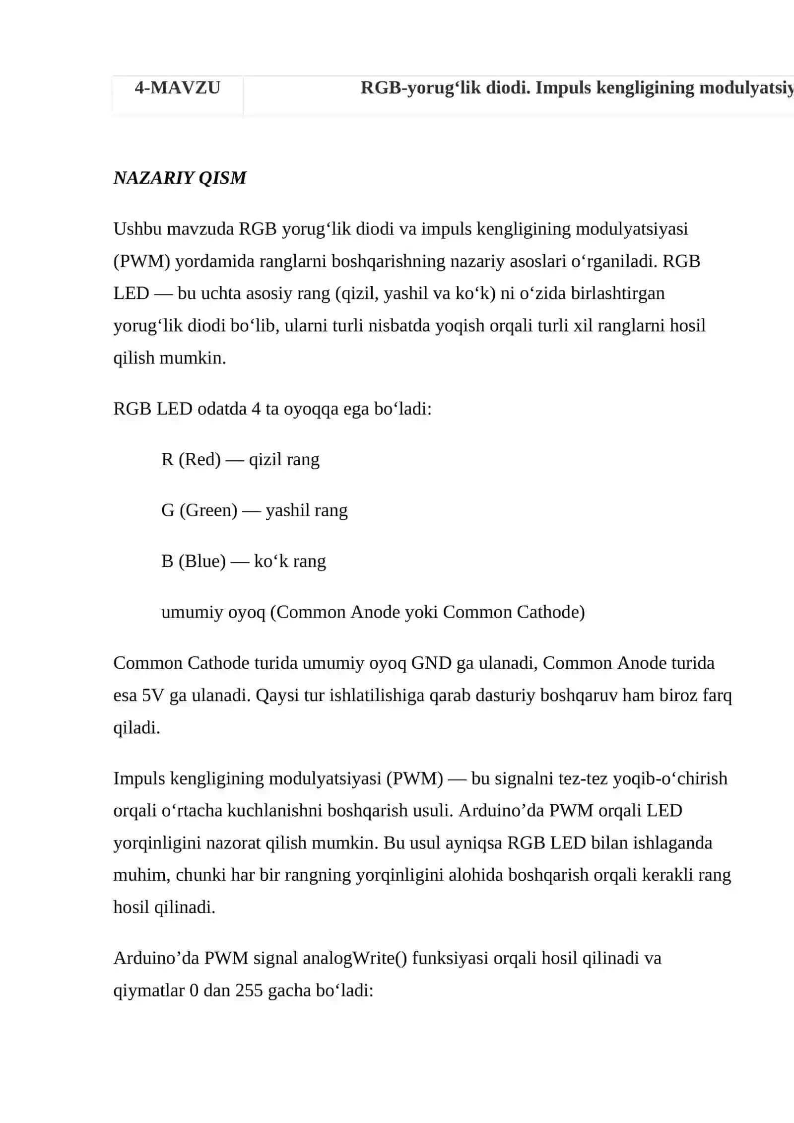 RGB-yorug‘lik diodi. Impuls kengligining modulyatsiyasi 2