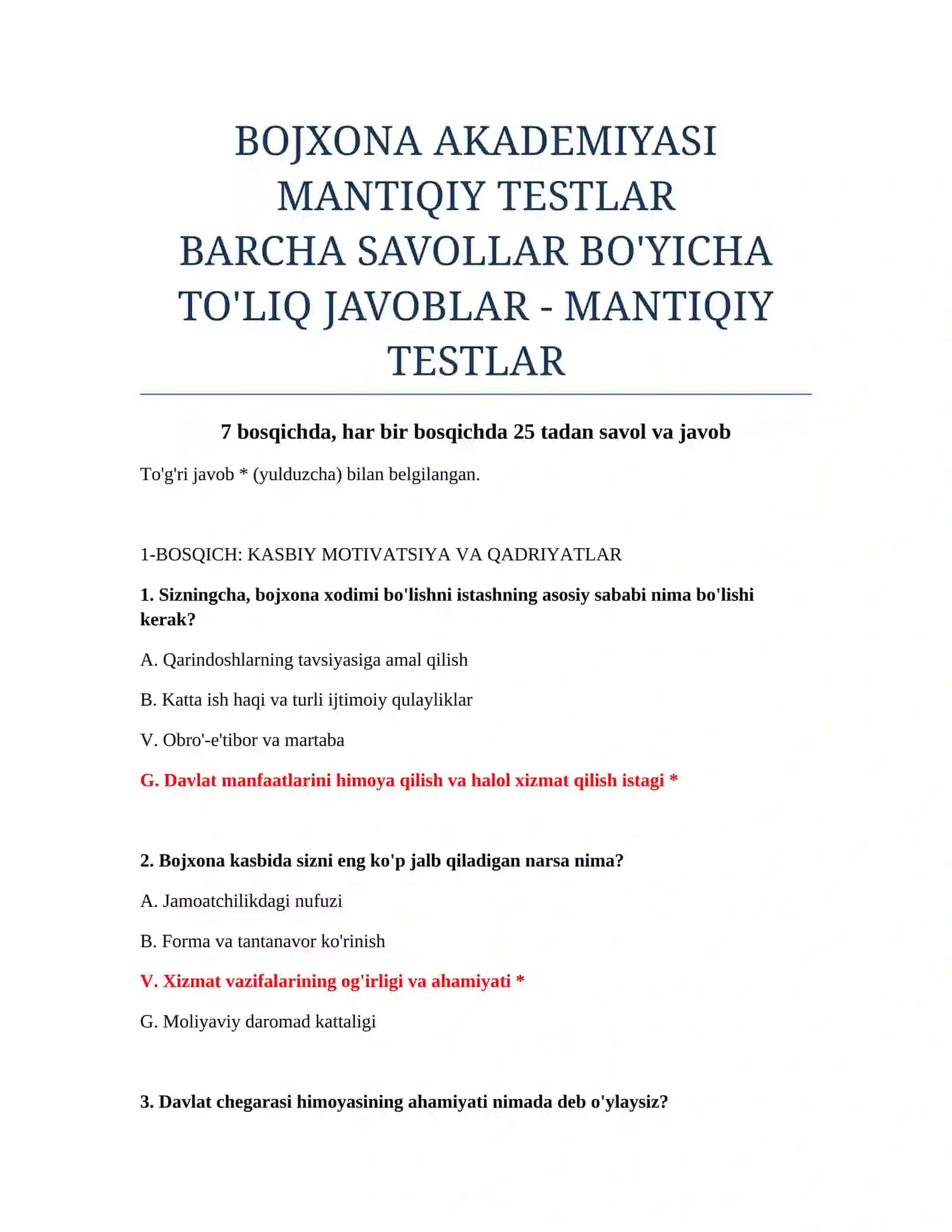 BOJXONA AKADEMIYASI MANTIQIY TESTLAR 2