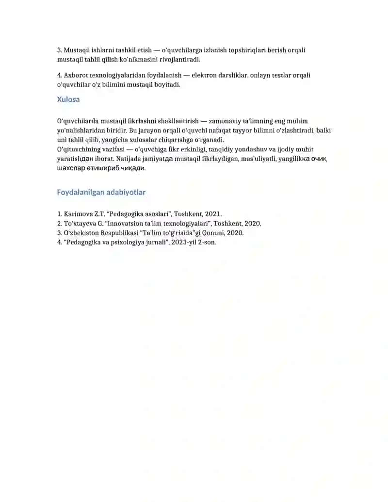 Mustaqil fikrlashni shakllantirish usullari 2