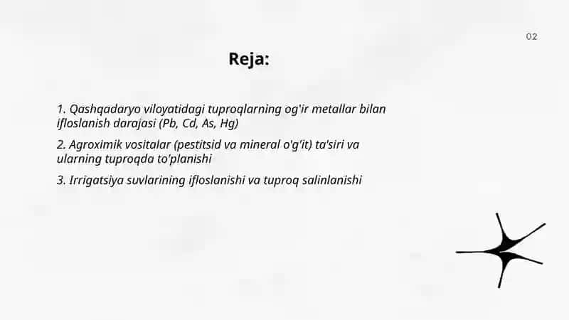 Oʻzbekiston Respublikasi tuproqlarining hozirgi ifloslanish xolatini tahlil qilish Qashqadaryo viloyati bo'yicha 2