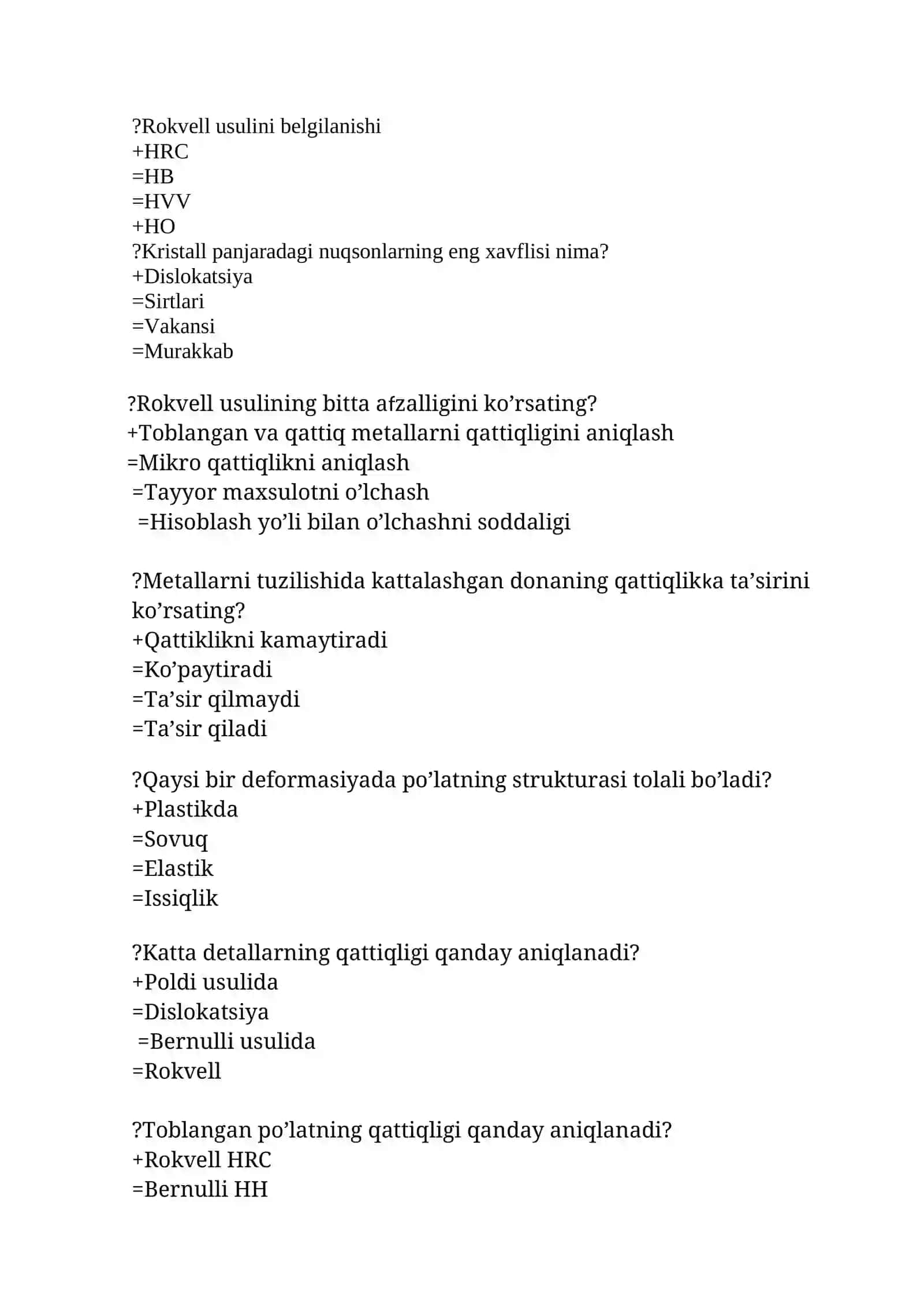 Yakuniy imtihonda tushadigan  Materialshunoslik faniga oid savollar javoblari bilan birga 2
