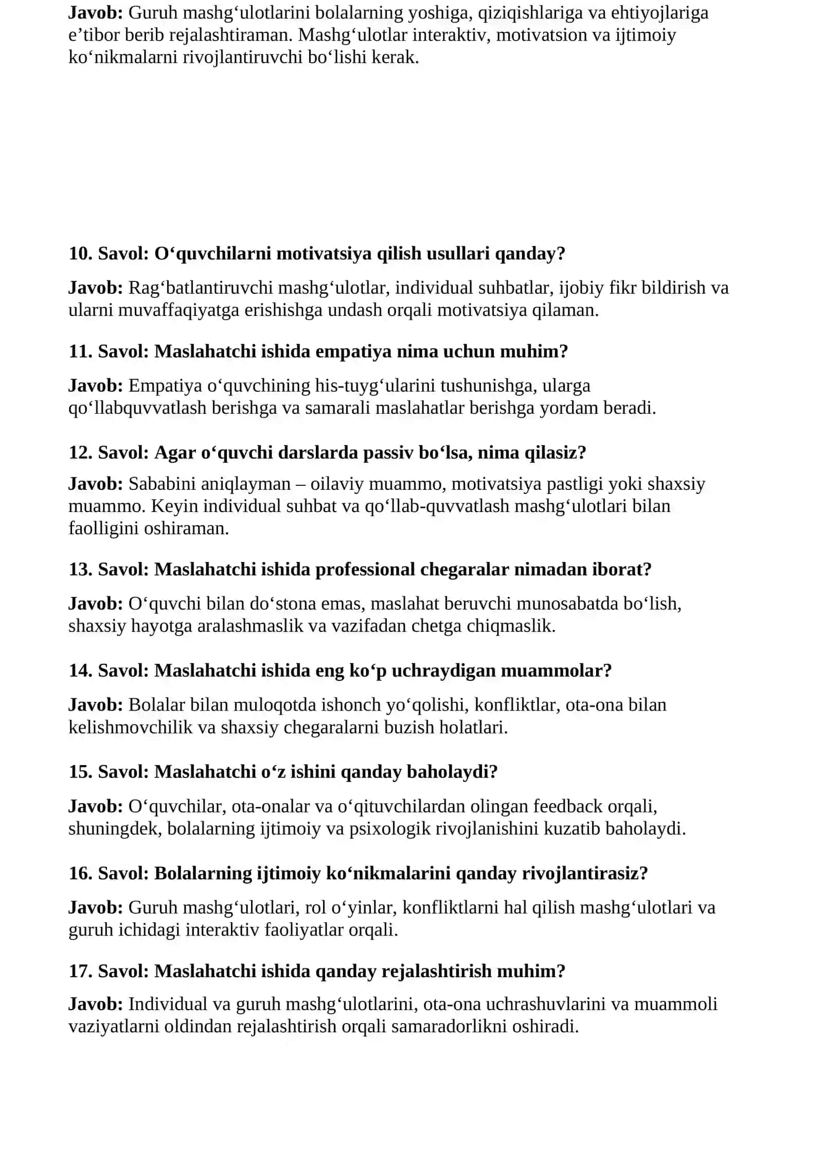 Maktab Maslahatchisi Tayyorlov Testlar va Suhbat Savollari – 2026 2