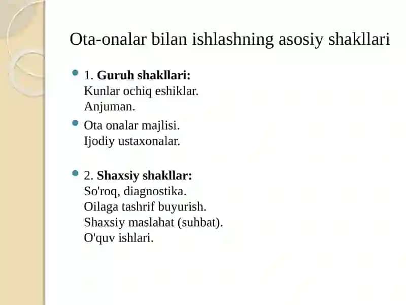 O’qituvchining ota-onalar bilan hamkorlik ishlarini samarali tashkilotish 2