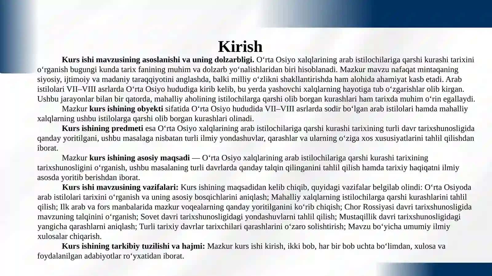 BOB. O‘RTA OSIYO XALQLARINING ARAB ISTILOCHILARIGA QARSHI KURASHI TARIXINING O‘RGANILISHI 2