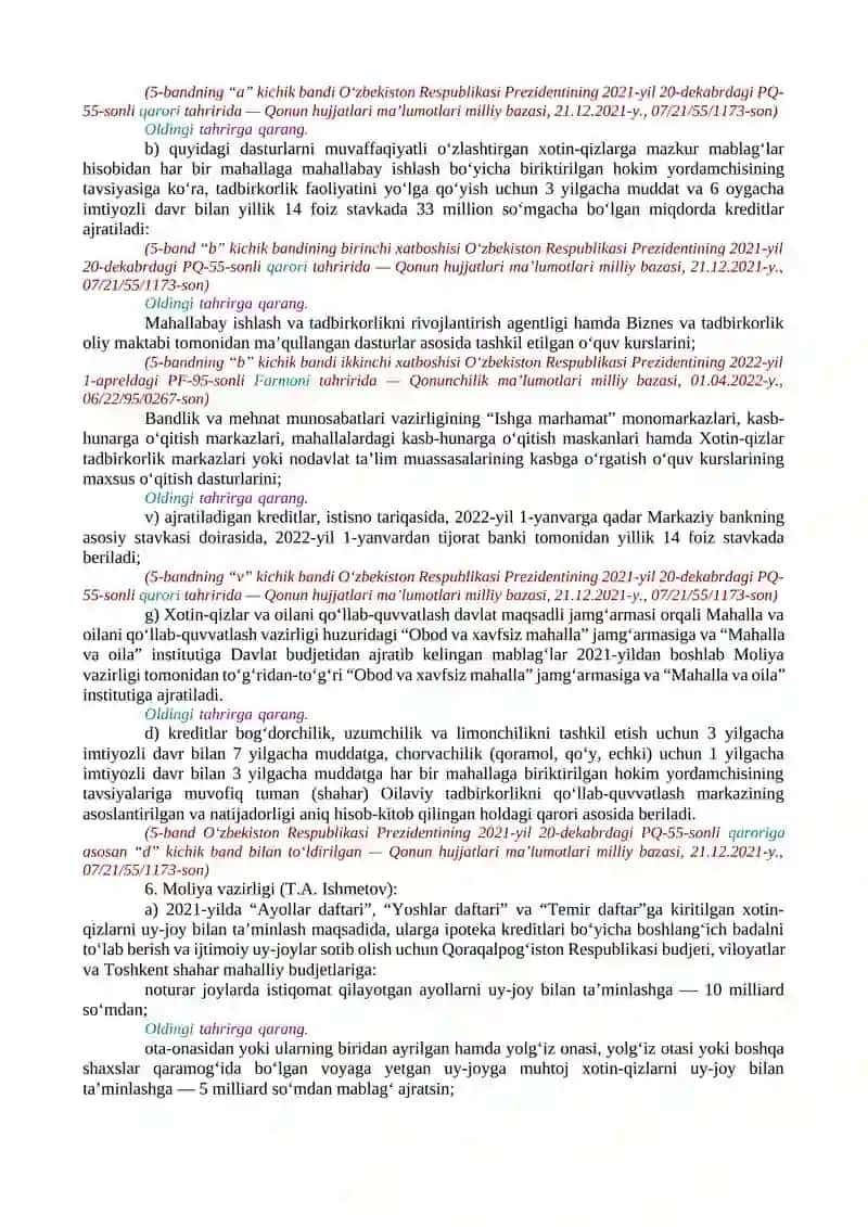 XOTIN-QIZLARNI QO‘LLAB-QUVVATLASH, ULARNING JAMIYAT HAYOTIDAGI FAOL ISHTIROKINI TA’MINLASH TIZIMINI YANADA TAKOMILLASHTIRISH CHORA-TADBIRLARI TO‘G‘RISIDA 2