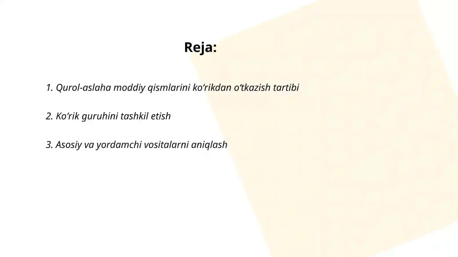 Harbiy qism va boʻlinmalarda qurol - aslaha moddiy qismlarini koʻrikdan oʻtkazishni tashkillashtirish boʻyicha bajariladigan ishlar 2