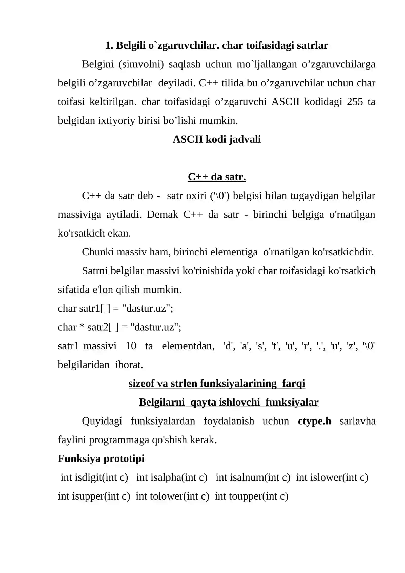 Belgili o`zgaruvchilar. char toifasidagi satrlar 2