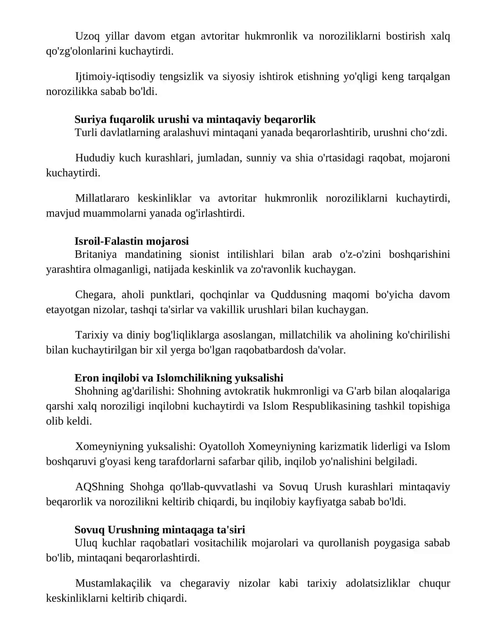Yaqin Sharq mintaqasidagi ziddiyatli vaziyat sabablari tarixi haqida 2