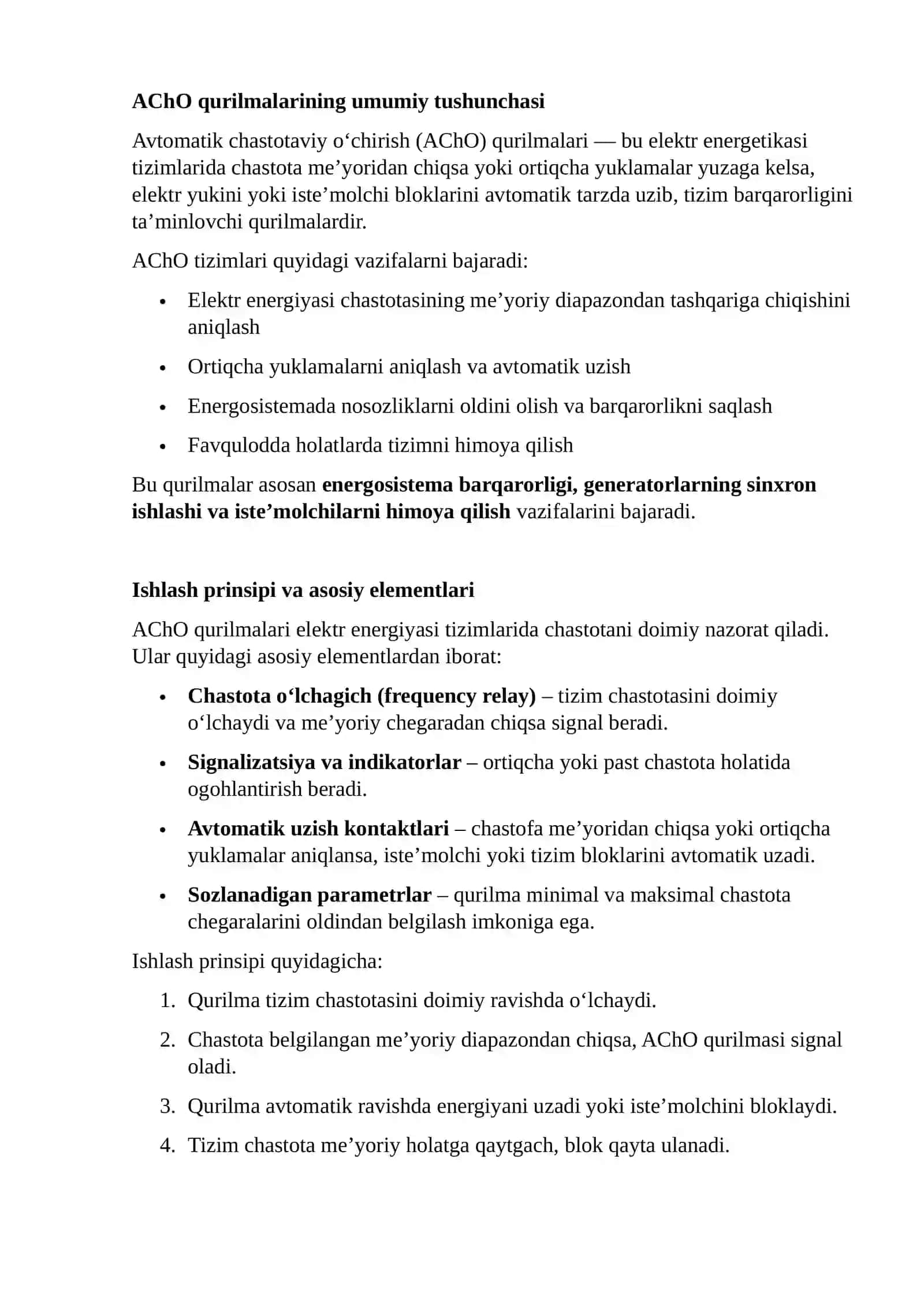 Avtomatik Chastotaviy O‘chirish (AChO) Qurilmalari 2