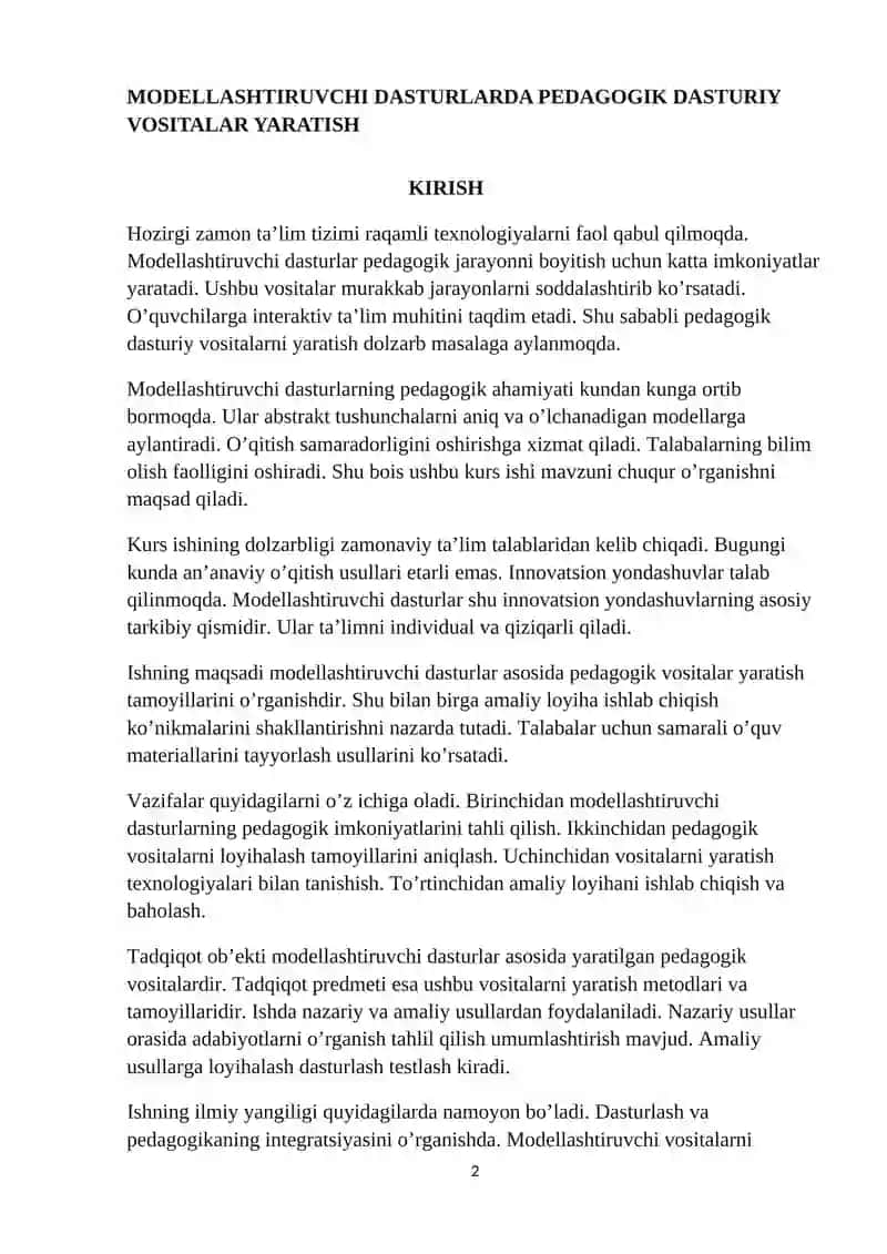 Modellashtiruvchi dasturlarda pedagogik dasturiy vositalar yaratish 2
