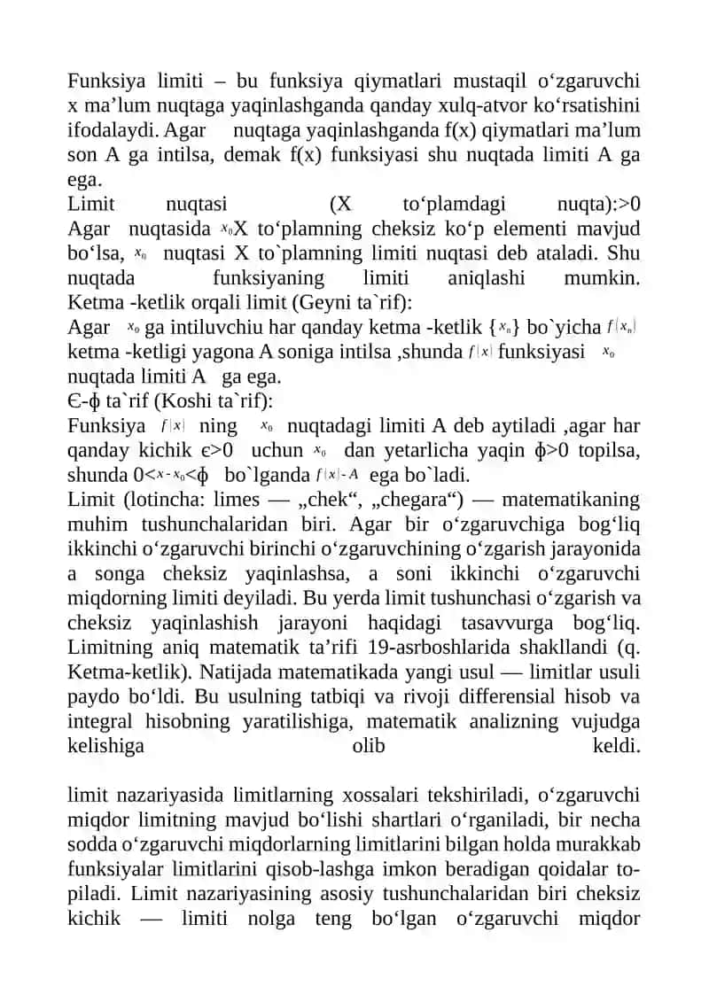 :Funksiya limiti .Cheksiz kichik funksiyalar. 2